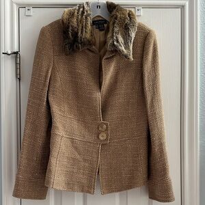 Zara 2000s Y2K Tweed Tan Blazer Faux Fur Collar Wool Blend Women’s 6 Academia